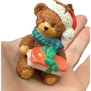 Vintage Tupperware‎ Christmas Ornament Holiday Teddy Bear 2" Resin Santa Hat